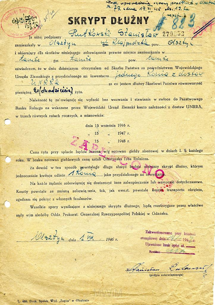 KKE 3544.jpg - Dokument . Stanisław Rutkowski skrypt Dłużny, Olsztyn, 1946 r.